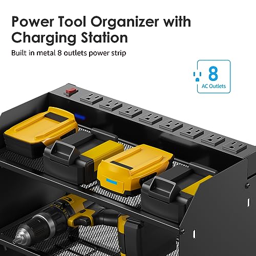 Modular Power Tool Organizer Wall Mount Charging Station, Black 6 Drills Holder with 8 Plug Power Strip 10FT, Garage Drill Battery Heavy Duty Metal Shelf, Utility Rack with Hooks, Side Storage. - view 2