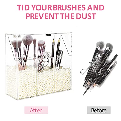 Clear Makeup Brush Holder, Acrylic Makeup Brush Organizer For Vanity, Cosmetic Brush Storage Box with Pearls, For Bathroom, Bedroom, Vanity Countertop - view 3