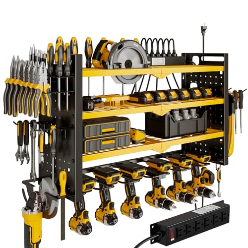 Cordless Power Tool Organizer Wall Mount, 6 Drill Holders, Yellow