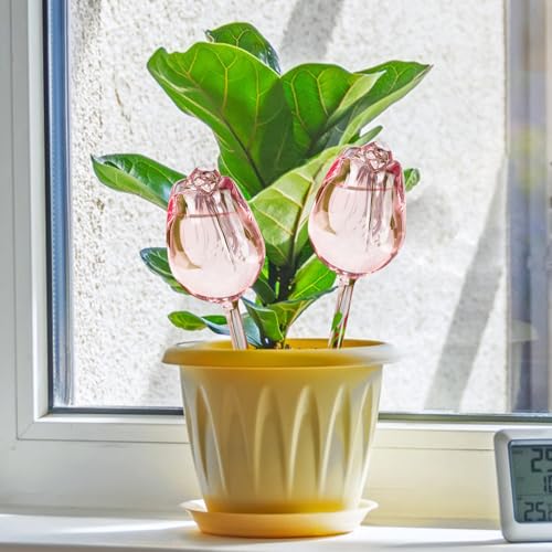 2Pcs Tulips Self Plant Watering Globes, Glass Self Watering Planter Insert, Automatic Plant Waterer Devices Indoor Outdoor (Pink) - view 2