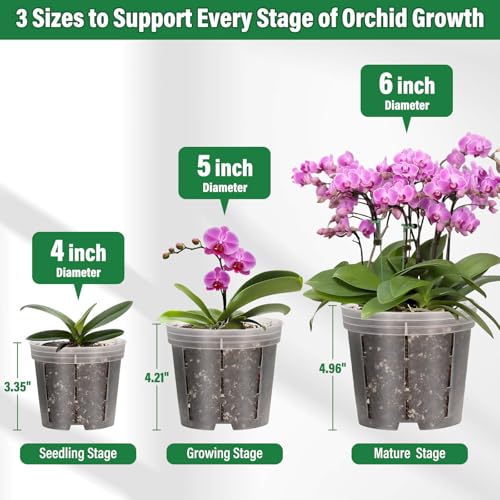 12 Pack Plastic Orchid Pots with Holes, 4, 5, 6 Inch Clear Orchid Pots for Repotting with Saucers Drainage and Plant Stakes, Large Small Breathable Orchids Planter Plant Pot - view 3