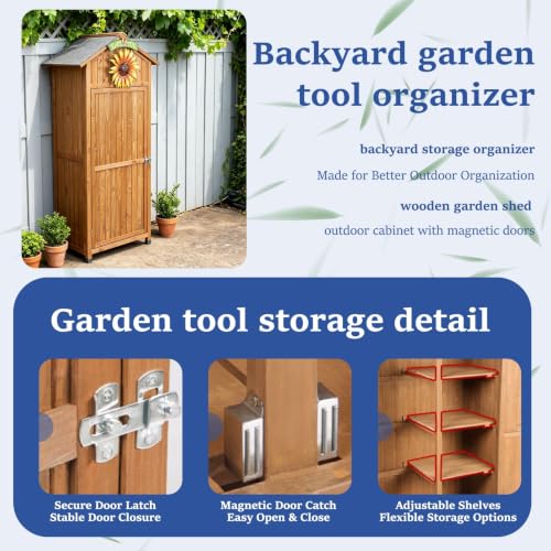 Wooden Outdoor Storage Cabinet, Garden Tool with Shelves, Patio Organizer for Backyard, Gardening Supplies with Double Doors, Shed for Tools and Accessories(Brown) - view 3
