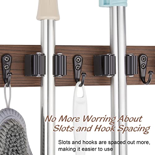 Mop and Broom Holder Wall Mount - Wood Broom Mop Hanger - Wall Mounted Garden Tool Rack Organizer for Closet Garage Laundry Room, Rustic Kitchen Decor With 4 Slots & 4 Hooks - view 4