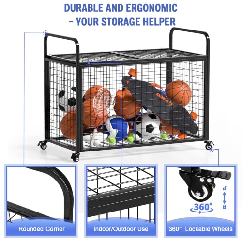 Ball Cart Storage for Garage Compatible with Optional Divider, Extra Large Basketball Cage Bin for Indoor Outdoor, Heavy Duty Sports Equipment Organizer for Gym, School,Club - view 4