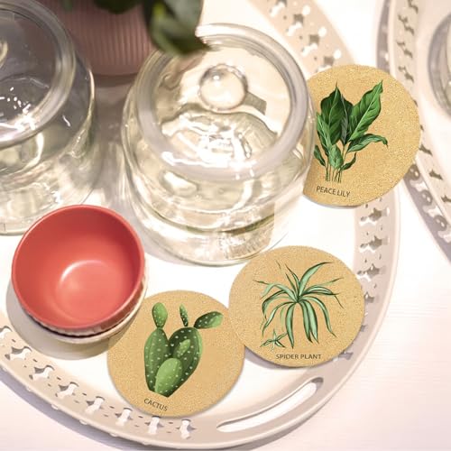 Plant Coasters for Drinks with Holder Set of 6, Illustration Absorbent Cork Coaster for Cup Desk Office Table Kitchen Decor House Warming Gifts for New Home Couples, Round 4" - view 4