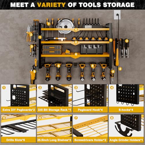 Cordless Power Tool Organizer Wall Mount, 6 Drill Holders, Yellow - view 3