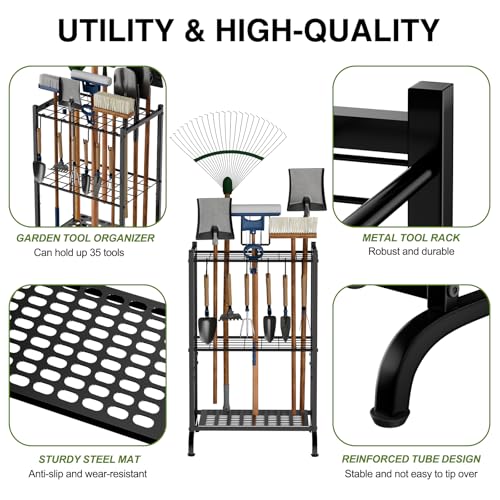 Garden Tool Organizer with Storage Hooks, Yard Tool Tower Rack for Garage Organization and Storage, Up to 35 Long-Handled Tools, Metal Tool Holder with 6 Hooks, Black - view 3