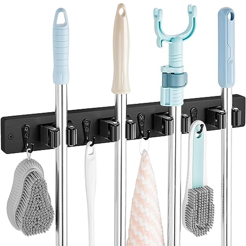 Mop and Broom Holder Wall Mount - Wood Broom Mop Hanger - Wall Mounted Garden Tool Rack Organizer for Closet Garage Laundry Room for Rustic Kitchen Decor With 5 Slots & 4 Hooks - view 8