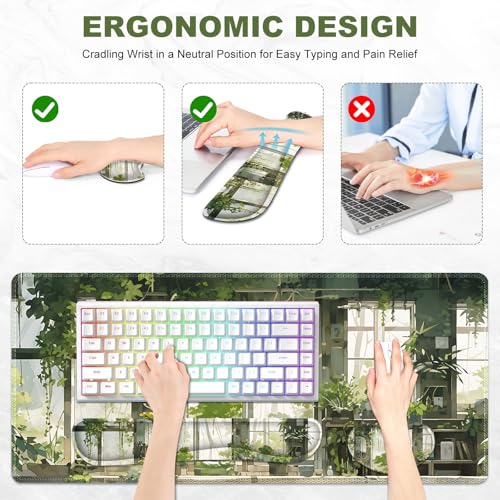 Large Mouse Pad and Keyboard Wrist Rest, Extended Mouse Pad with Wrist Support Ergonomic, Non-Slip Desk Mat, Desk Protector Blotter for Home Office, Window Green Plants - view 4