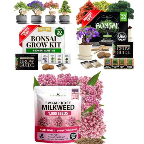 Premium 4 Varieties & Grow 4 Bonsai Tree Starter & Milkweed Swamp Rose 1,000 Seeds Kit