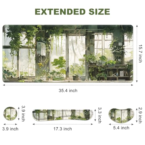 Large Mouse Pad and Keyboard Wrist Rest, Extended Mouse Pad with Wrist Support Ergonomic, Non-Slip Desk Mat, Desk Protector Blotter for Home Office, Window Green Plants - view 6