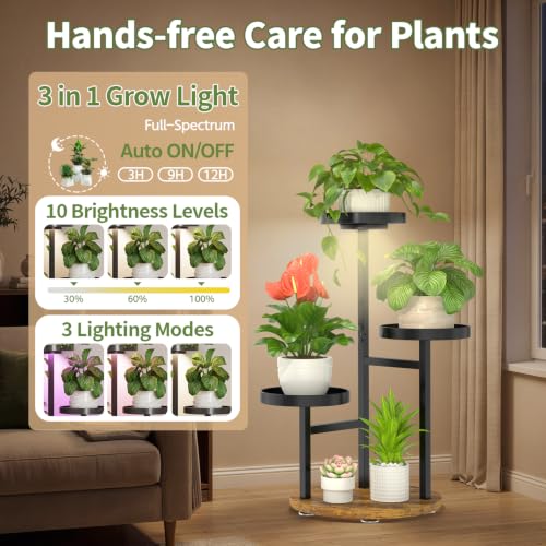 Corner Plant Stand Indoor Shelf Tall with Lights, 3 Tiers Black - view 3
