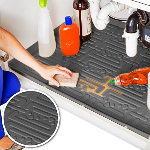 Waterproof Undersink Mat (Grey 34" 1/4 x 22 1/4) 36 inch Cabinet Base Liner for Kitchen & Laundry Cabinets Catches Leaks Prevents Damage Flexible Sink Driptray