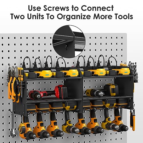 Modular Power Tool Organizer Wall Mount Charging Station, Black 6 Drills Holder with 8 Plug Power Strip 10FT, Garage Drill Battery Heavy Duty Metal Shelf, Utility Rack with Hooks, Side Storage. - view 5