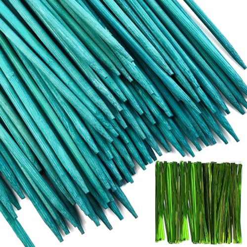 100PCS 18" Wooden Garden Stakes with 100PCS 4" Garden Ties, Green Bamboo Sticks, Floral Plant Support, Tomato Stakes