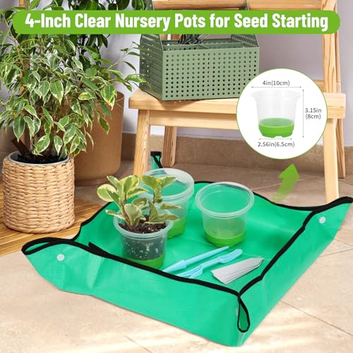 57PCS Reusable Seed Starter Kit Includes 26 Packs 4" Clear Nursery Pots with Silicone Base, Repotting Mat, Gardening Gloves, Plant Labels and Seedling Tools for Easy Transplant - view 7