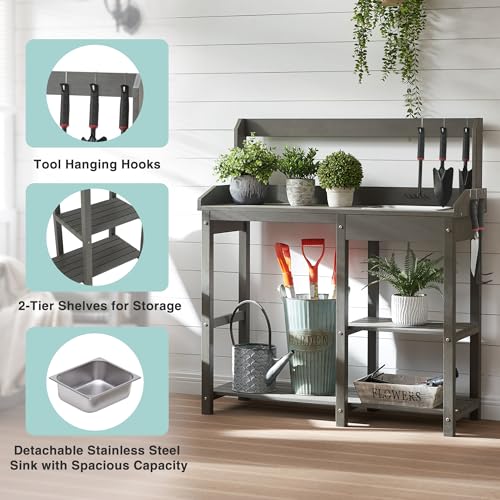 Outdoor Potting Bench Table with Sink for Outside Garden, Gray - view 2