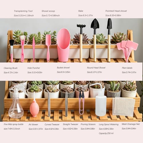 Mini Garden Tools Set for Succulent Plant Care Small Garden Hand Tools Indoor Transplanting Supplies, Including Pot Gift for Woman Pink - view 2