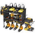 Modular Power Tool Organizer Wall Mount Charging Station, Black 6 Drills Holder with 8 Plug Power Strip 10FT, Garage Drill Battery Heavy Duty Metal Shelf, Utility Rack with Hooks, Side Storage.