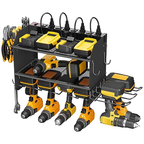 Modular Power Tool Organizer Wall Mount Charging Station, Black 6 Drills Holder with 8 Plug Power Strip 10FT, Garage Drill Battery Heavy Duty Metal Shelf, Utility Rack with Hooks, Side Storage.