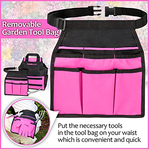 Pink Garden Tools, Gardening Gifts for Women, with 2 in 1 Detachable Storage Bag, Trowel, Transplanter, Rake, Weeder, Cultivator, Purning Shears and 3 Additional Protection Tools - view 2