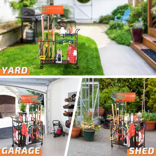 Rolling Garden Tool Organizer with Shelves and Hooks, Black - view 3