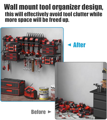 Black Power Tool Organizer Wall Mount, Large Tools and Battery Storage Rack Charging Station Individual Switches. Drills Holder, Garage Utility Shelves with 6FT Power Strip. Gift for Men. - view 4