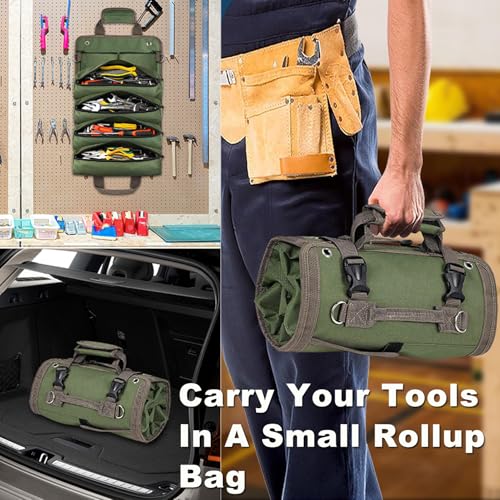 Roll Up Tool Bag Organizer, Gifts for Men Dad Husband Him Christmas Stocking Stuffers, Heavy Duty Storage Pouches Carrier Bag for Electrician Mechanic Thanksgiving Fathers Day Birthday Gifts (Khaki) - view 4