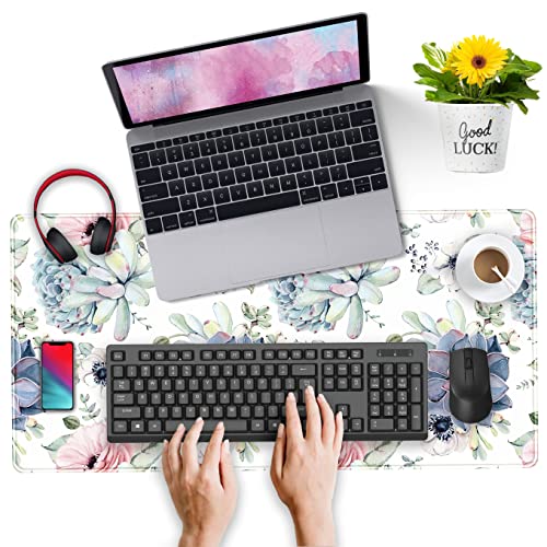 Watercolor Succulents Desk Mat, Plants Succulent Roses Desk Pad Protector, Large Gaming Mouse Pad, Stable Rubber Base Mousepad with Stitched Edges, Keyboard Mouse Mat for Work, Game, Office, Home - view 4