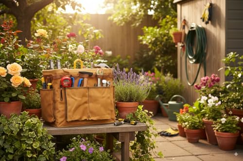 Water Resistant Gardening Tool Bag with Handles - 6 Pockets Utility Self-Standing Organizer for Camping/Garden/Car Storage, 14" x 13" x 10" | Khaki - view 6