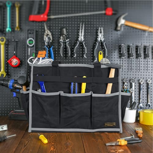Tool Bag,Tool Pouch with 6 Pockets,Heavy Duty Waxed Canvas Garden Tool Bag Tool Case,16.5 x 7 x 12 Inch & Black - view 4