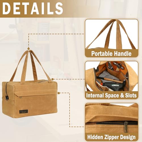 Canvas Tool Organizer, Heavy Duty 16oz Waxed Canvas Garden Hand Tools Bag - with Hidden Zipper Pocket & Large Storage Capacity, Tool Carrier for Gardening Carpentry Tools | 11.5" x 7" x 7.5" - view 4