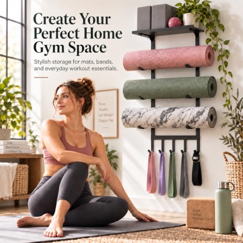 Home Gym Equipment Organizer, Yoga Mat Holder Wall Mount, Yoga Mat Storage Rack with Floating Shelf, 4 Tier Workout Equipment Storage for Foam Roller, Yoga Blocks, Resistance Bands Gym Accessories - view 6