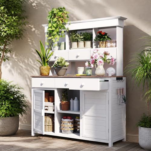 Topmax Potting Bench Table, Outdoor Garden Workstation with Hutch, 3 Shelves, 6 Drawers, 2 Cabinets, Side Hooks for Patio, Mudroom, White Finish, Ideal for Gardening Supplies