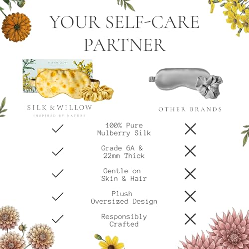 SILK & WILLOW - Botanical Print Pure Mulberry Silk Eye Mask & Scrunchie Gift Set, Luxurious Sleep Eye Mask & Hair Accessory Bundle, Durable Nature-Considerate Wellness Gifts for Women, Marigold Yellow - view 5