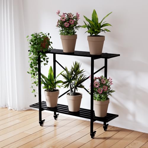2 Tier Window Height Metal Plant Stand with wheels easy assembly - view 6