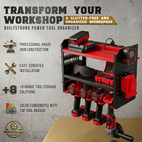 Power Tool Organizer Wall Mount – 3-Tier Heavy-Duty Steel Rack, 4 Drill Slots, Pegboard + Utility Side, 100 lb Capacity – Garage, Workshop & Shed Storage (Red) - view 3