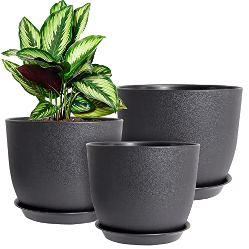 Plant Pots 10/9/8 inch, Set of 3 Modern Decorative Plastic Planters with Drainage Holes and Saucers for House Plants Indoor Flowers Plants, Black