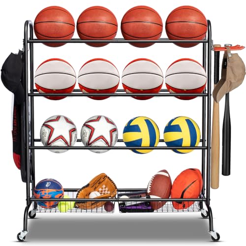 Basketball Rack with Wheels, 4 Tier Garage Ball Storage Organizer