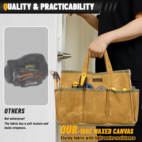 16OZ Waxed Canvas Tool Tote Bag | Large-Capacity Tool Storage Tote with 10 External Pockets | Multi-Purpose Garden Tool Carrier for Gardening, Wrench, and Carpentry Tools – Khaki - view 5