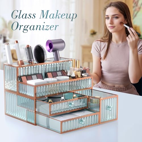 Youdepot Makeup Organizer Countertop - Tempered Glass Vanity Organizer for Cosmetics, Skincare, Hair Tools, Brushes, Perfume - Multipurpose Bathroom Counter Skincare Organizer - view 3