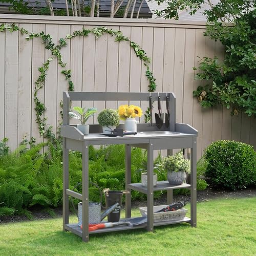 Outdoor Potting Bench Table with Sink for Outside Garden, Gray - view 3