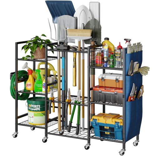 3-Sided Garden Tool Organizer with Wheels, Garage Storage Rack