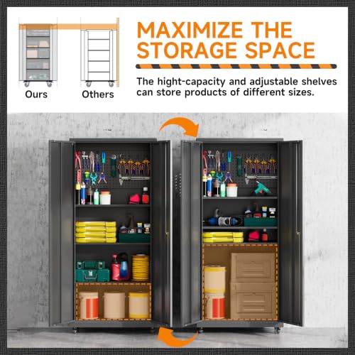 71''H Garage Storage Cabinet with Wheels, Meatl Storage Cabinet with Lock - view 4