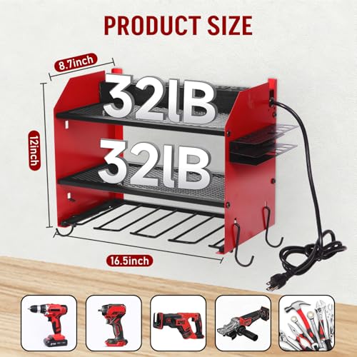Power Tool Organizer Wall Mount with Charging Station, Heavy Duty 3 Layers Tool Storage Rack with 4 Cordless Drill Holder, Battery Holder with 8 Power Strip, Ideal for Garage, Warehouse, Workshop - view 4