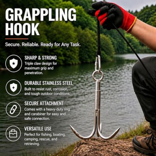 Grappling Hook with 3-Claw Stainless Steel,3 Claw Climbing Carabiner Hook for Retrieving,Outdoor Hiking,Tree Limb Removalr,Salvage. - view 5