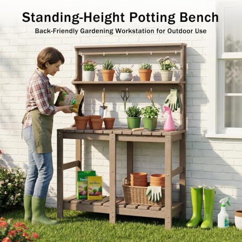 Outdoor Potting Bench with 3 Tier, All-Weather Patio Potting Table with Tool Hooks, HDPE Gardening Table for Backyard, Garden, Brown - view 4