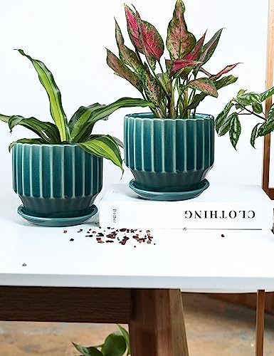 Plant Pots 6 inch Ceramic Pots for Indoor Plants Set of 2 Flower Pots Unique Crackle Glaze Design Plant Pots with Drainage Hole and Saucer Come with Drainage Nets (Aqua Green) - view 5