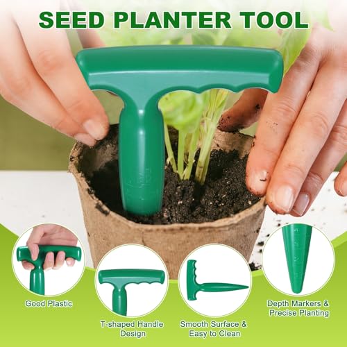 1-Set Seed Planter Tool, Plastic Hand Dibber Garden Tool Peat Pellets Seed Starter Soil Pods Plugs for Sowing Seeds, Handheld Digging Hole Punch [Dark Green, with Plant Labels] - view 2