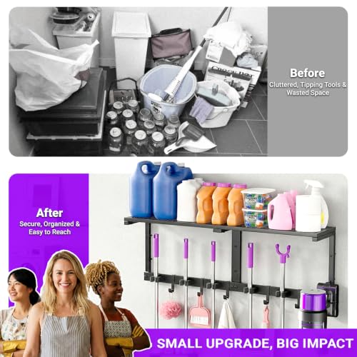Heavy Duty Broom Holder Wall Mount, All-Metal Mop Rack with Storage Shelves - view 5